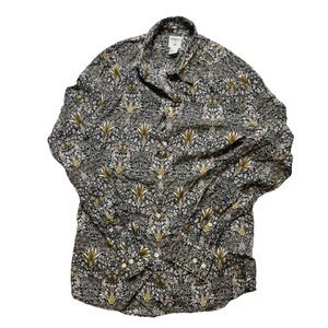 Morris&Co Button-Up Long Sleeve Floral Navy Blue & Gold Dress Shirt Men’s Small